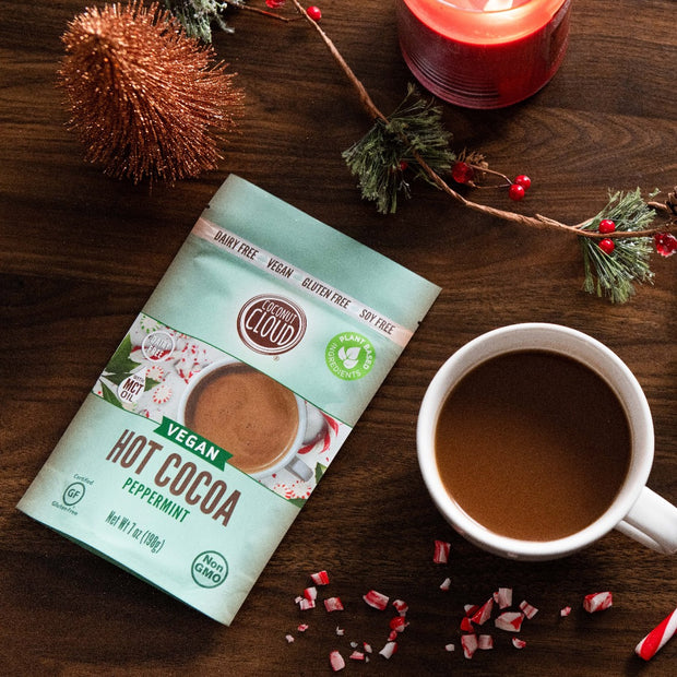 Our instant, plant-based Peppermint hot cocoa delivers all the rich, chocolately goodness of a traditional cocoa, but without the dairy. Our coconut milk based hot cocoa mix has just a kiss of cool, peppermint flavor. This cocoa brings all the joys and delights of the holiday season, all year round!  Just add hot water, stir, and enjoy!