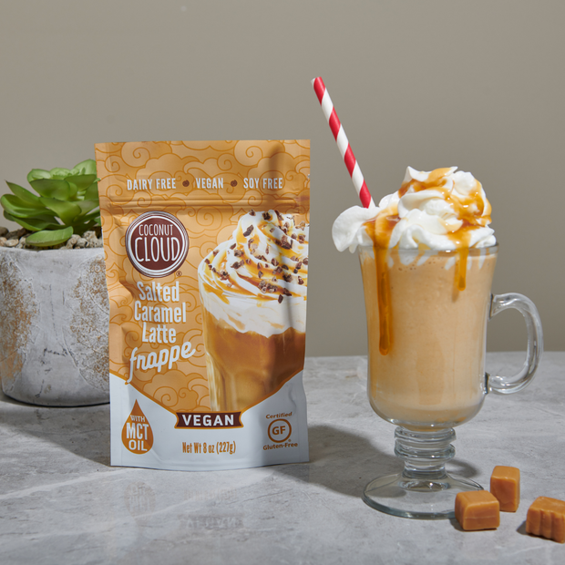 VEGAN, DAIRY-FREE SALTED CARAMEL FRAPPE  Who doesn't love a caramel treat? We've crafted the perfect frosty pick-me-up, without the dairy. Our plant-based Salted Caramel Frappe mix uses coconut milk powder and premium caramel to deliver a rich taste that you can feel good about. So blend it up and treat yourself!  100% DAIRY-FREE | VEGAN | GLUTEN-FREE | SOY-FREE | NON-GMO