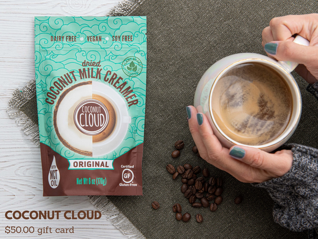 Need a last minute gift item for that Vegan/Dairy-Free lover in your life or want to set aside a card for yourself to stock up on your Coconut Cloud favorites later on? We've got you covered.  Our Coconut Cloud gift cards are digital and easy to use. Include the email for your recipient or let us email you direct, we'll issue you a digital gift card good for use on coconutcloud.net good for 6 months from date of purchase.