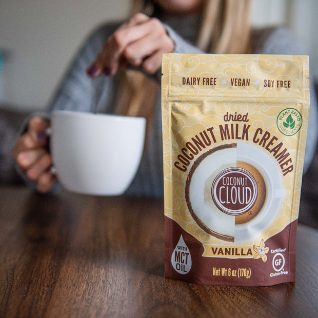 Coconut Cloud Vanilla Creamer with MCT Oil - Now Available in 6 oz Pouch  Our dried coconut milk creamer is clean and simple. With zero trans fats, and no added chemicals or preservatives, this creamy vegan delight is sure to boost your morning cup of joe. With natural flavors and only 2 g of sugar you can enjoy your coffee deliciously flavored without the guilt.